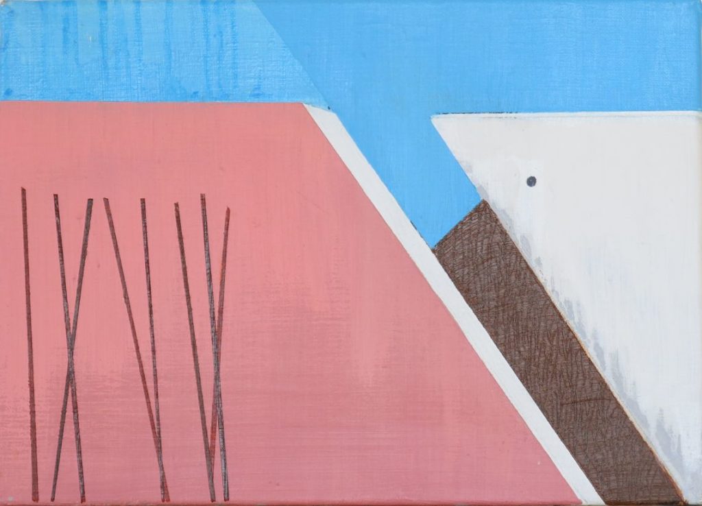 Ce tableau a été publié dans Le Monde Diplomatique de juillet 2019
Chantier 12, acrylique sur toile, 33 x 24 cm, 2013
entre abstrait et figuratif
géométrique
bleu rose blanc marron
