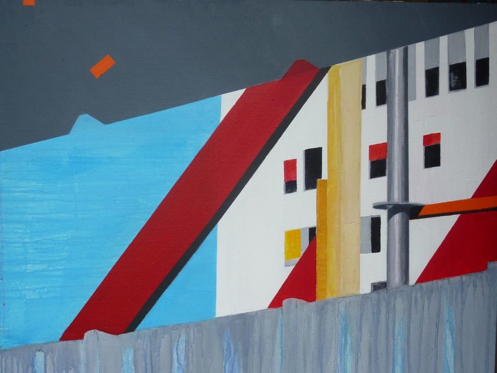 Chantier 16, acrylique sur toile, 73 x 92 cm, 2013
entre abstrait et figuratif
rythme musical, jazzy
gris, bleu, rouge, blanc, jaune, orange