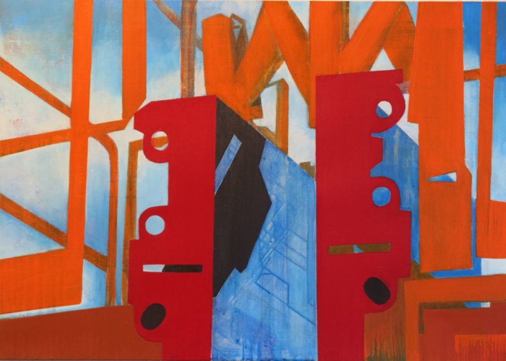 Ce tableau a été publié dans Le MMonde Diplomatique de juillet 2019 Chantier 19, acrylique sur toile, 65 x 92 cm, 2013
antre abstrait et figuratif
rouge, noir, bleu, orange