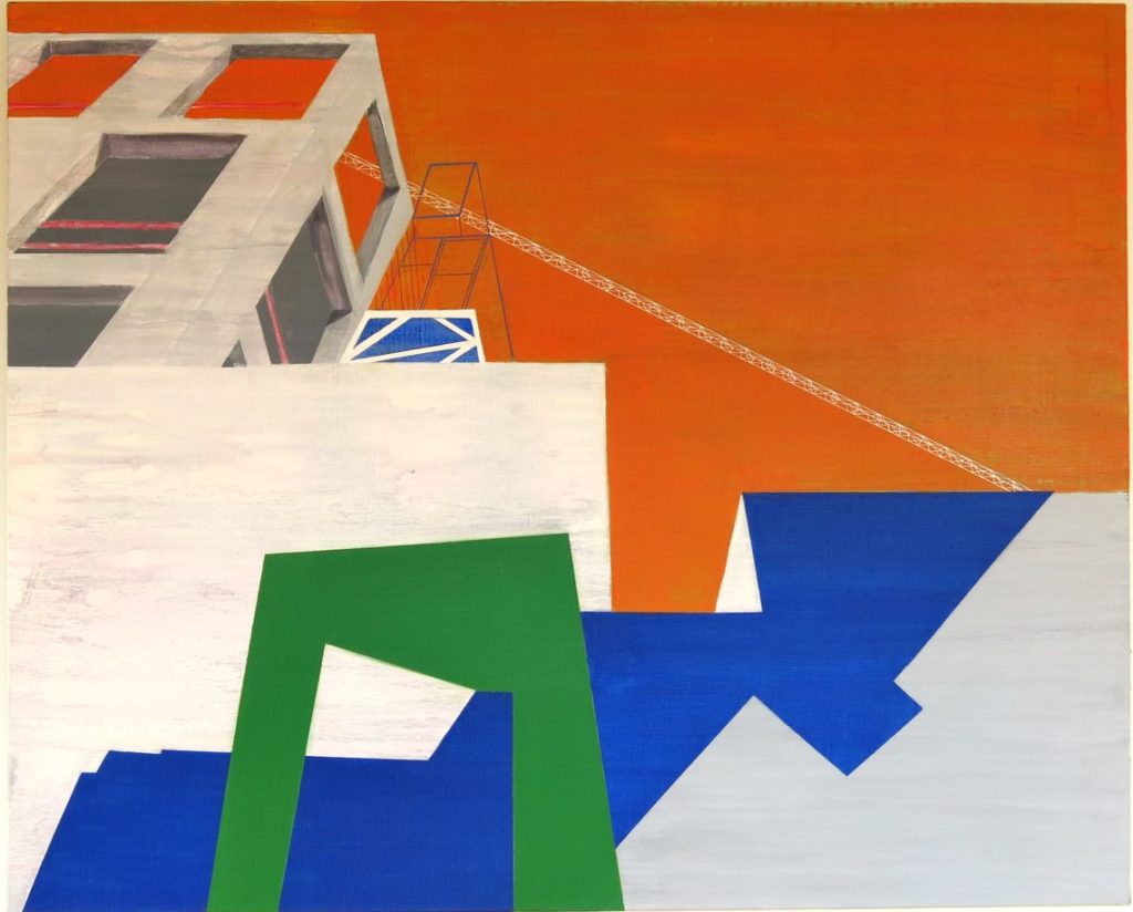 Ce tableau a été publié dans Le Monde Diplomatique de juillet 2019
Chantier 33, acrylique sur toile, 81 x 100 cm, 2015
entre abstrait et figuratif
géométrique
bleu vert gris orange
